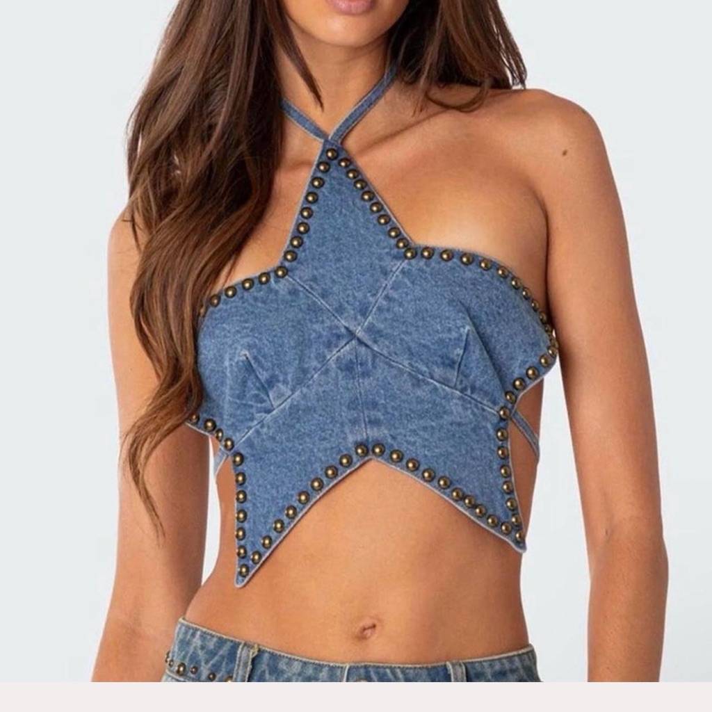 Edikted Denim Star Stud Halter Crop Top - Blue
